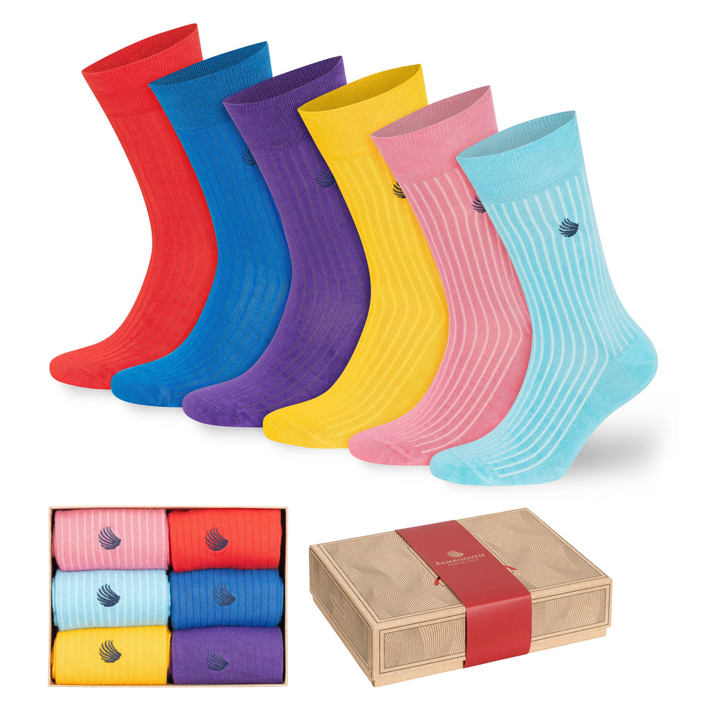 Men's bamboo dress socks 6-pack, mixed colors red blue purple yellow pink light blue