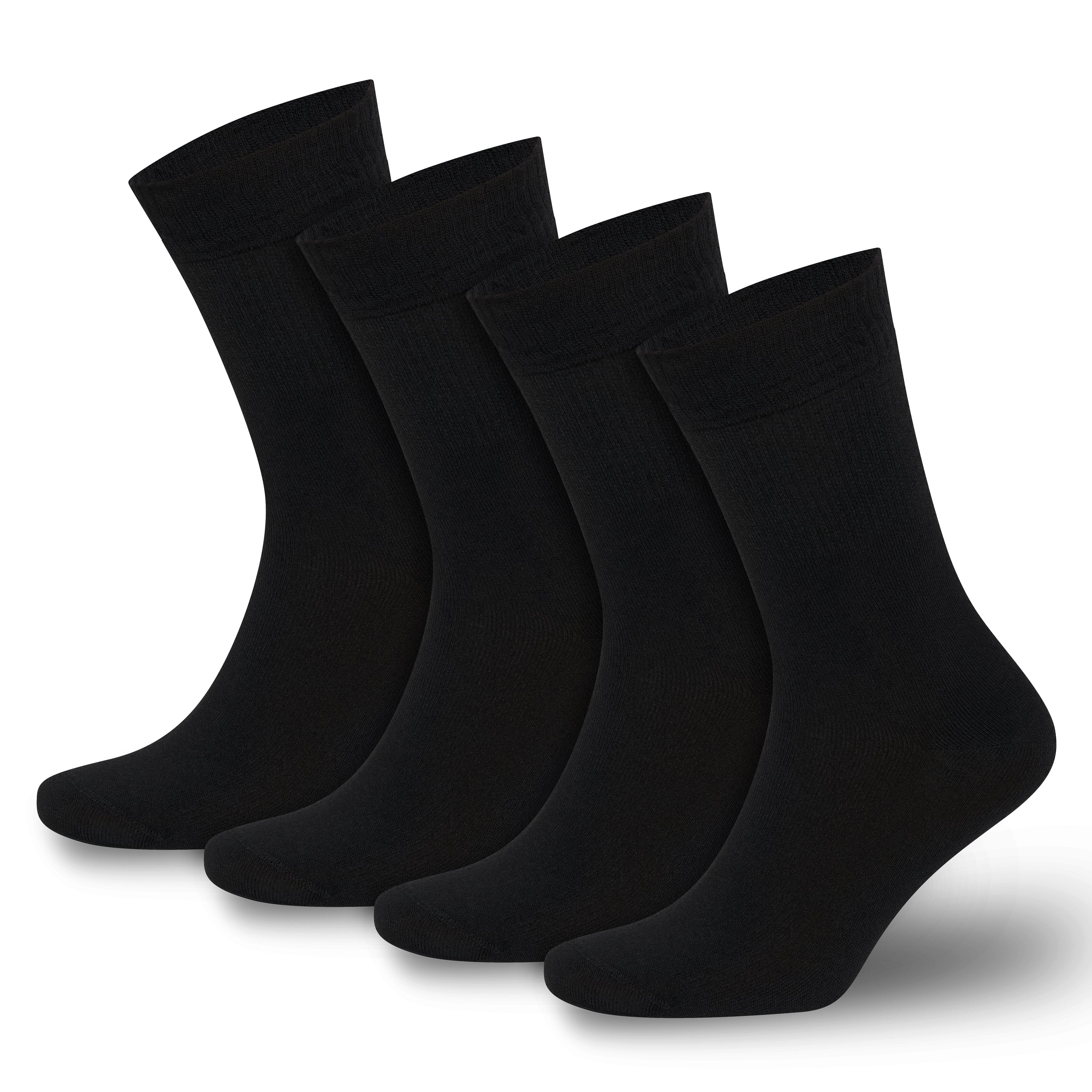 Black bamboo diabetic crew socks 4-pack, crew length, stacked view on white.