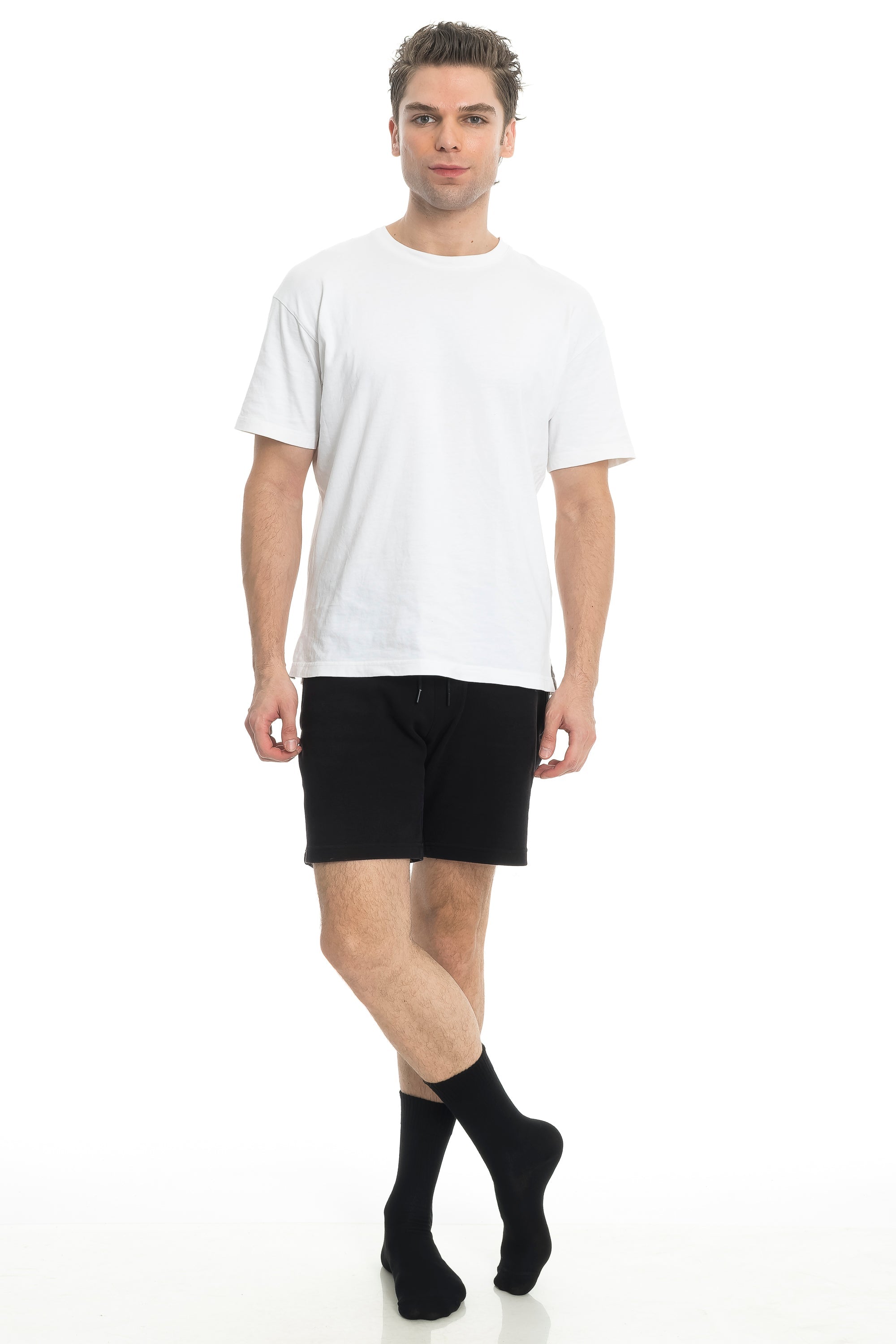 Man wearing black diabetic crew socks with shorts