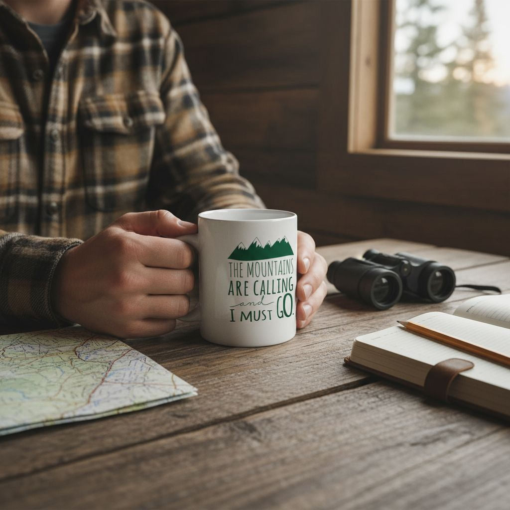 Person holding white ceramic mug with green mountain quote