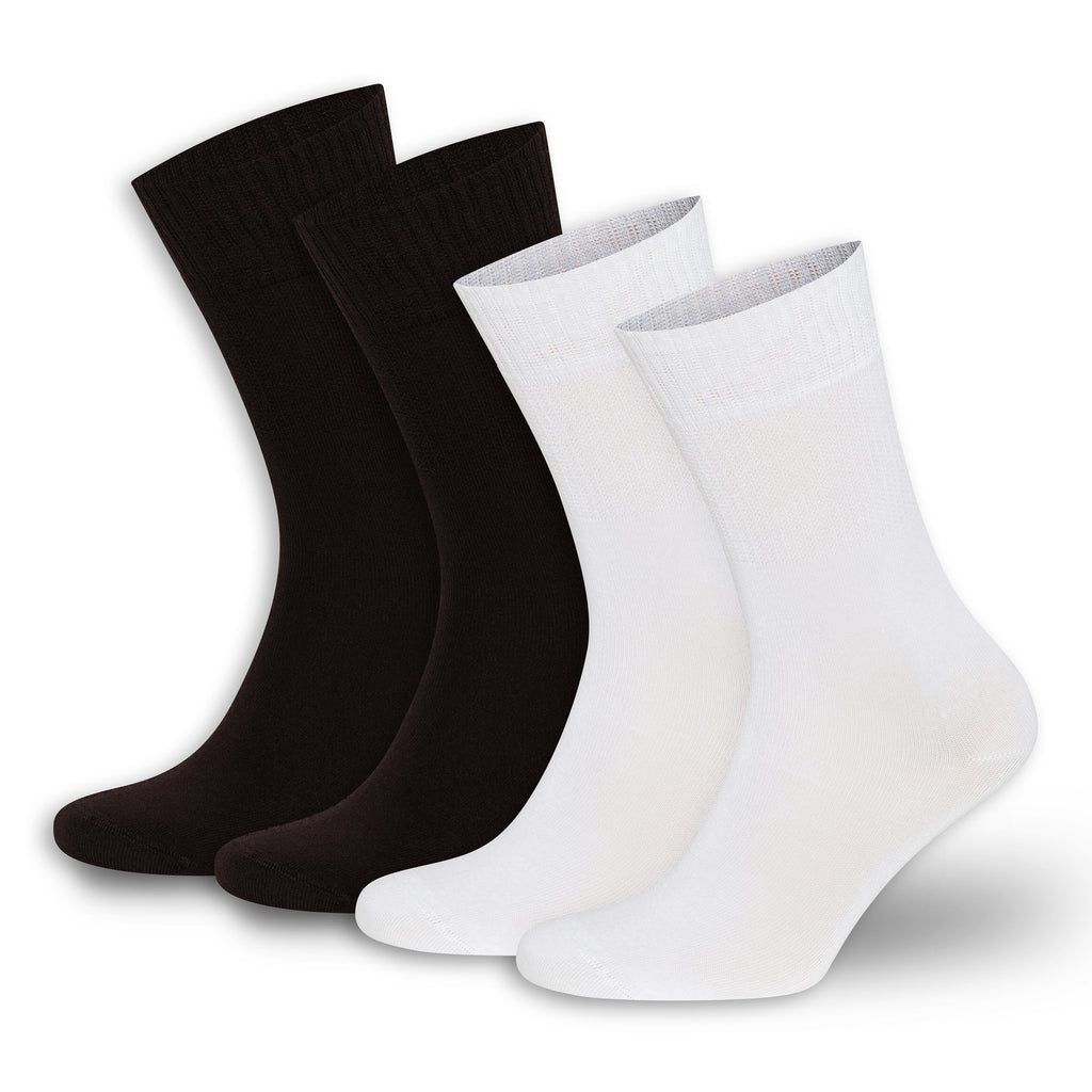 Mixed black and white bamboo diabetic crew socks 4-pack, crew length, stacked pairs.
