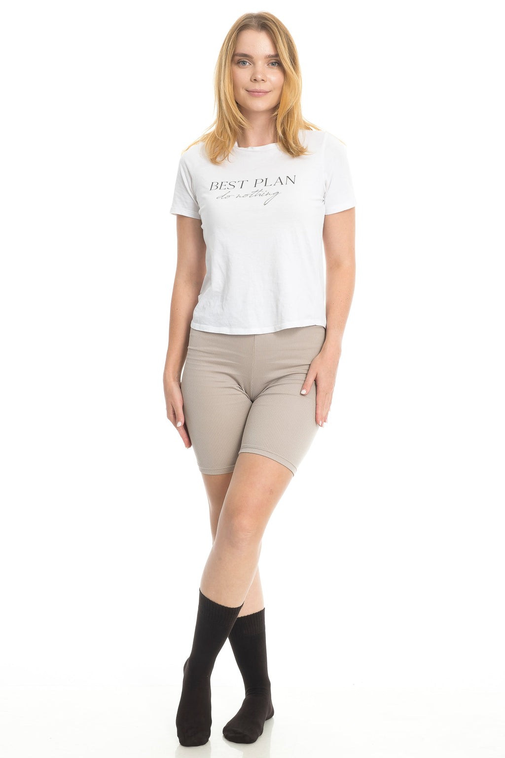 Woman wearing black diabetic crew socks with casual outfit