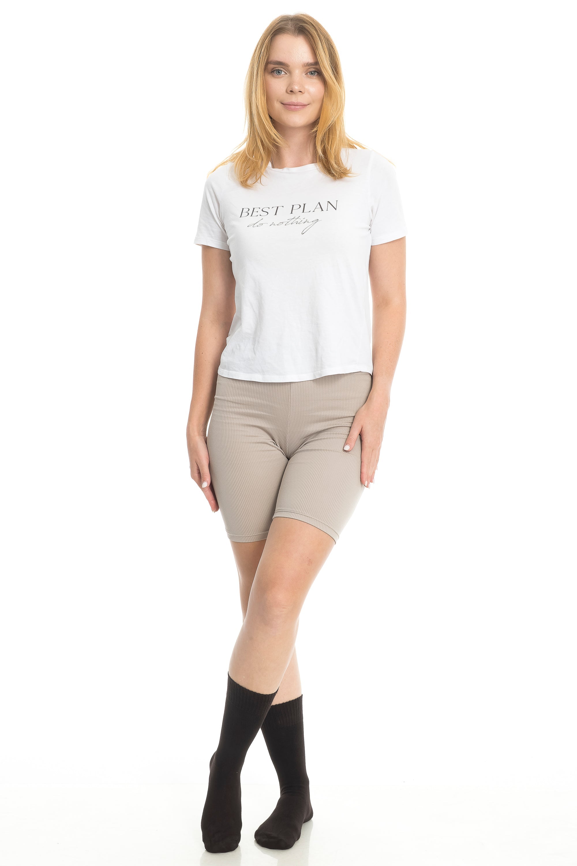 Woman wearing black diabetic crew socks with casual outfit