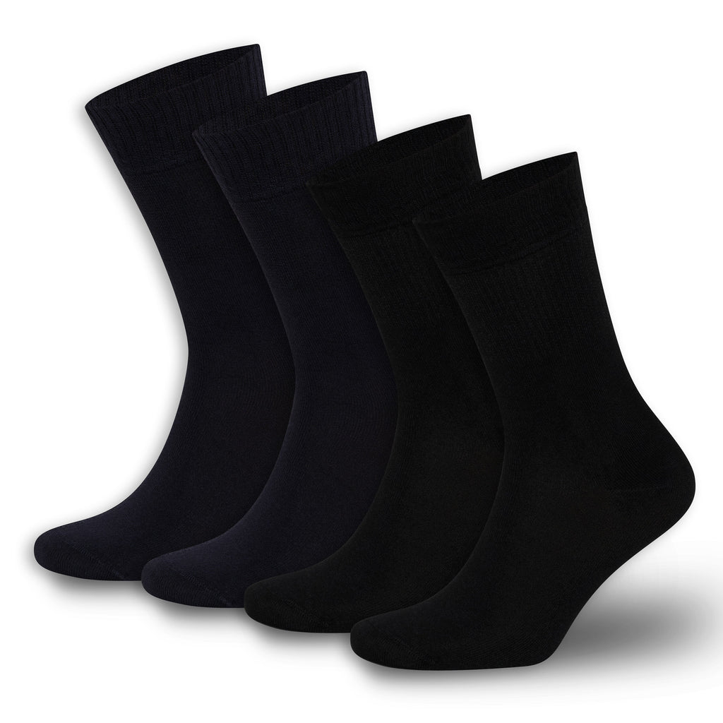 Dark navy bamboo diabetic crew socks 4-pack, crew length, stacked pairs.