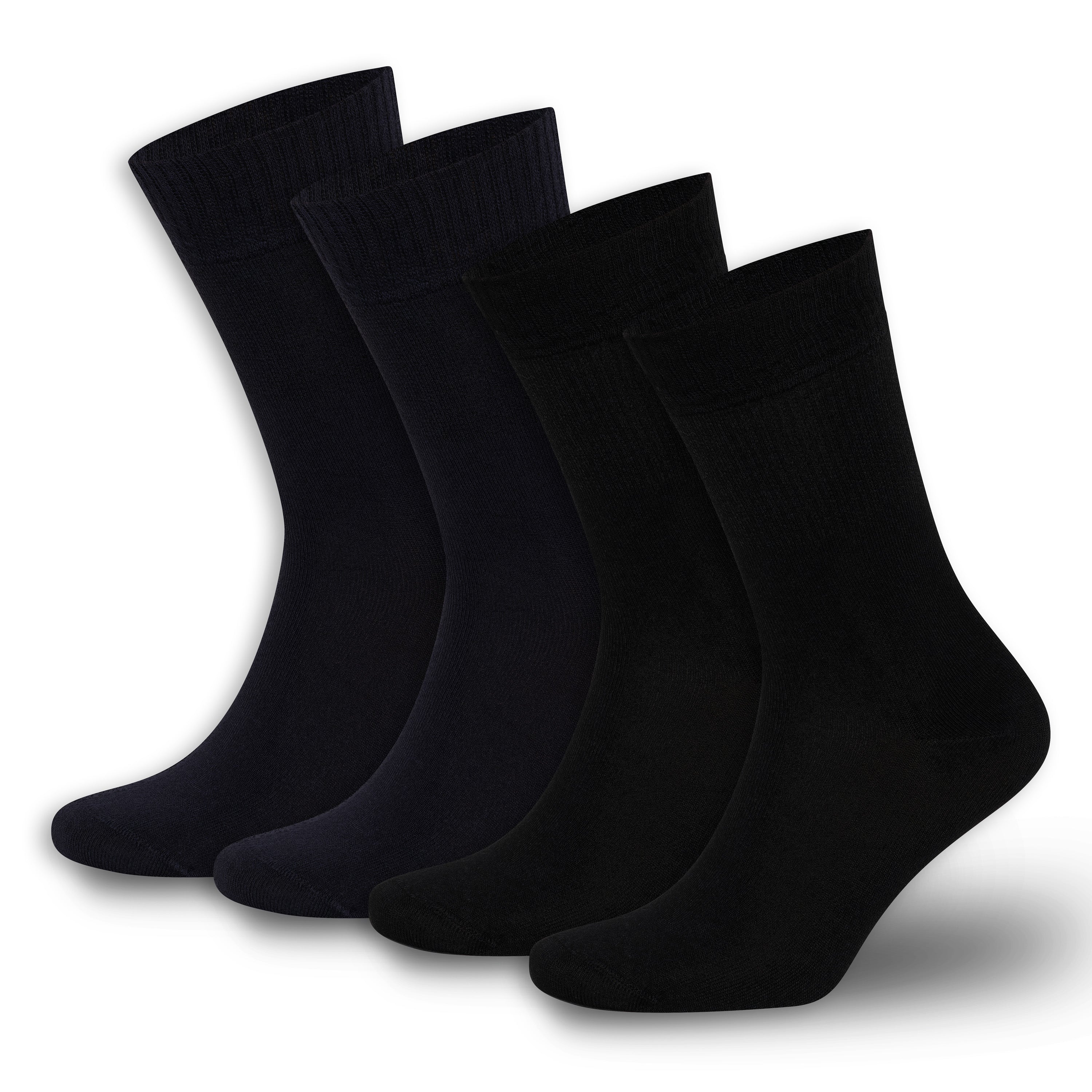 Dark navy bamboo diabetic crew socks 4-pack, crew length, stacked pairs.