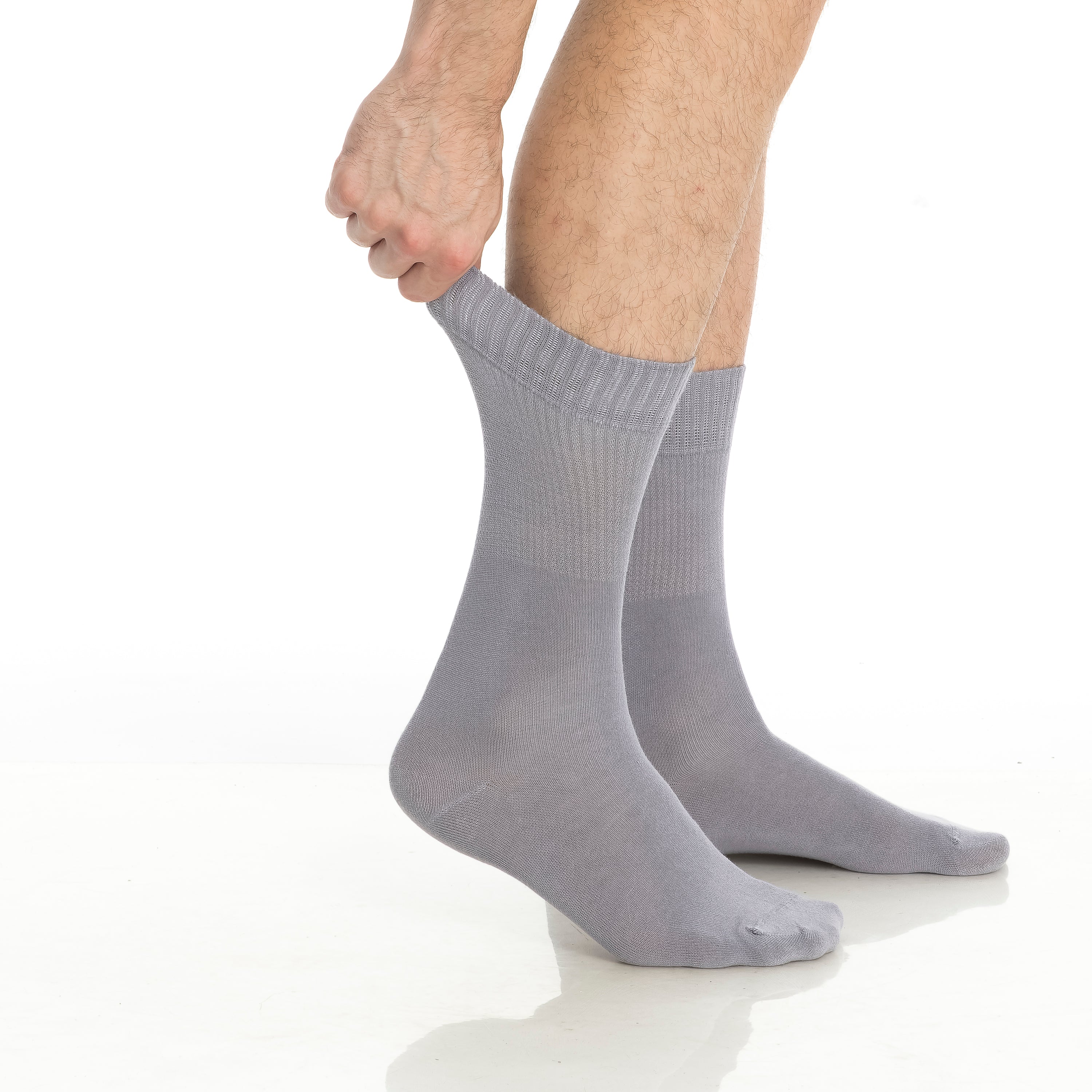 Light gray crew socks, mid-calf length, ribbed knit and cushioned toe