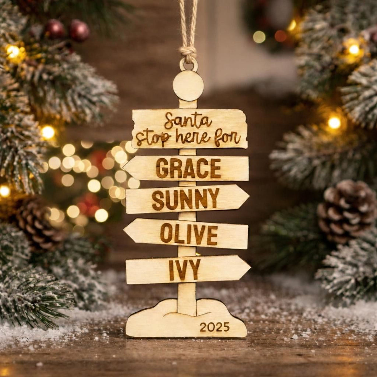 Rustic wooden family Christmas signpost ornament with engraved Santa, four names, and 2025