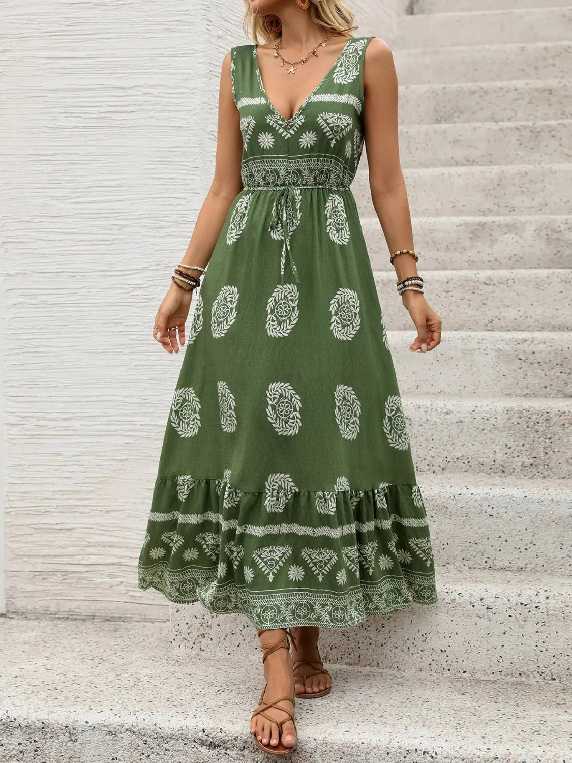 Printed V-Neck Sleeveless Dress for Effortless Style