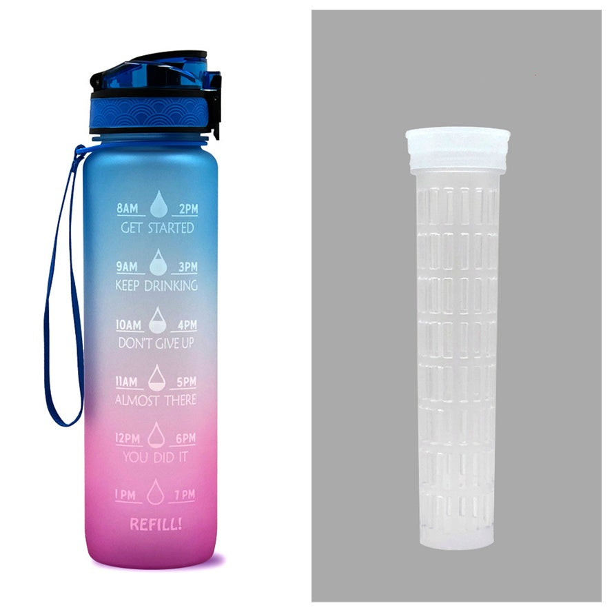 1L time-marker water bottle in blue-to-pink gradient with motivational schedule, black cap
