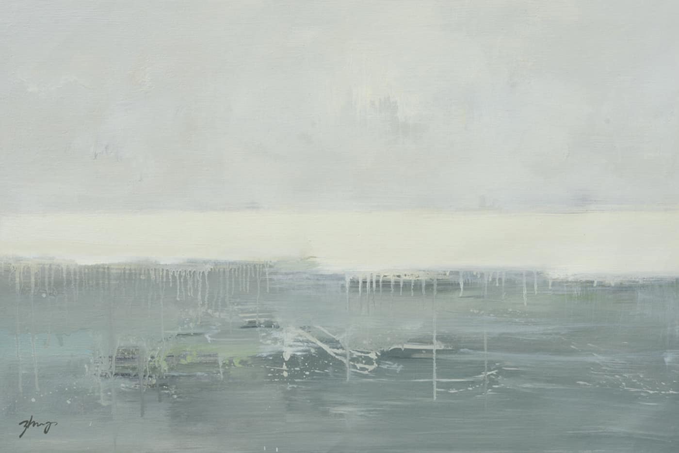 Abstract ocean oil painting with pale blue and gray waves, textured brushwork.
