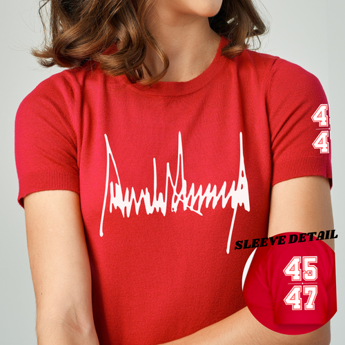 Red T-shirt with white waveform graphic and 45/47 numbers detail