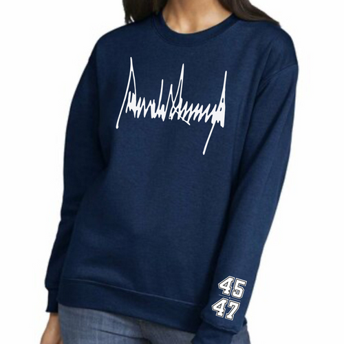Navy crewneck sweatshirt with white waveform graphic and 45/47 patch on sleeve