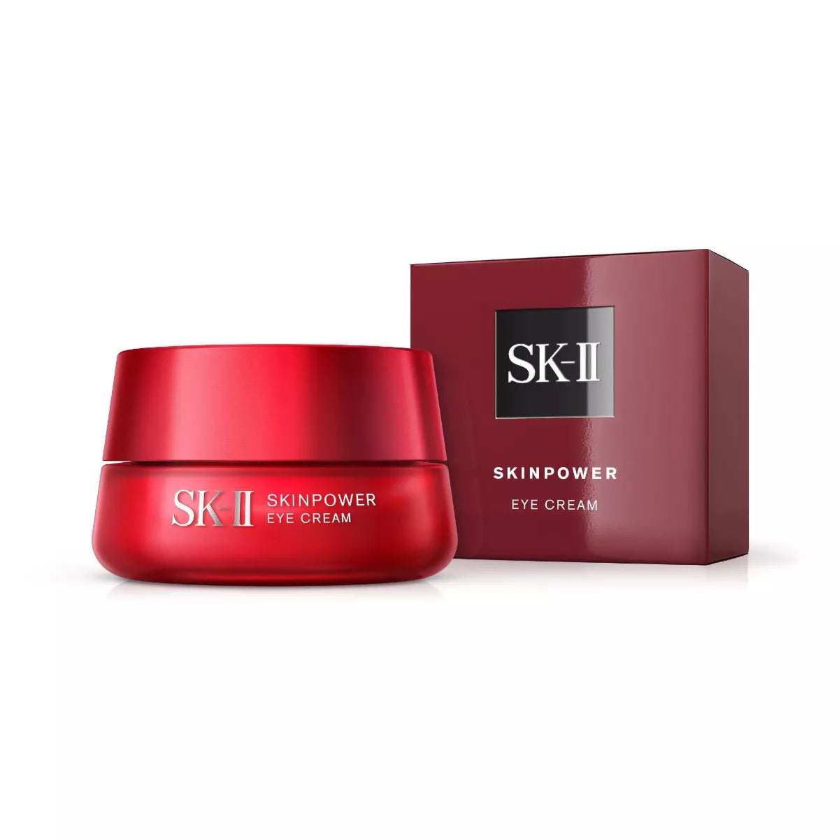 SK-II Skinpower eye cream jar and box, red container with SK-II label