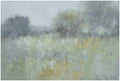 Original oil landscape painting with trees in soft gray and green tones