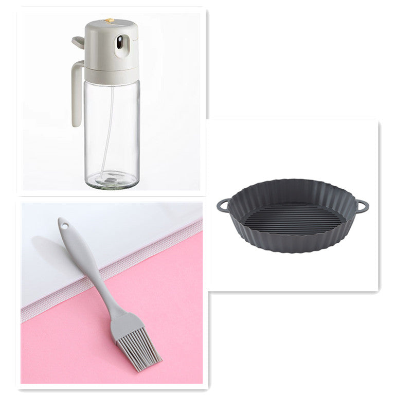 Oil sprayer bottle with included silicone brush and grill drip tray, white pump