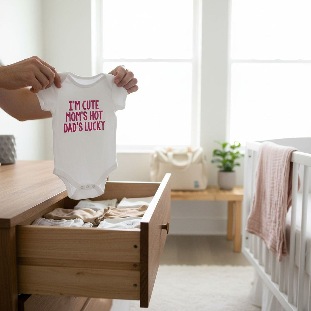 Folded white newborn short-sleeve bodysuit with pink slogan graphic on the chest