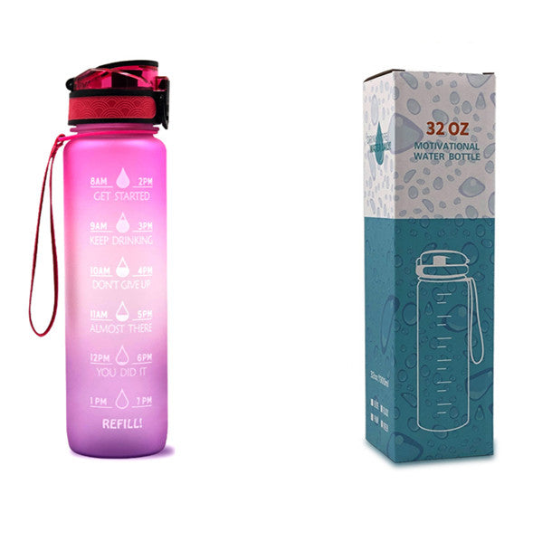 1L motivational time-marker water bottle with bounce cover, pink-to-purple gradient, carry loop