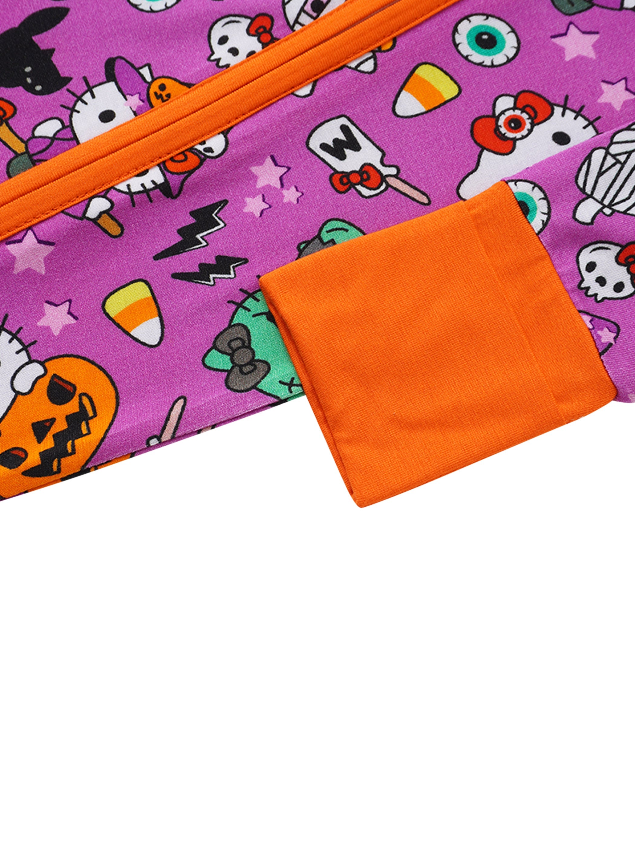 Baby romper sleeve cuff in orange with purple fabric and cartoon character print