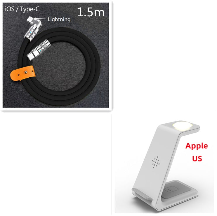 3-in-1 wireless charger stand with angled light holder; black Type-C to Lightning cable