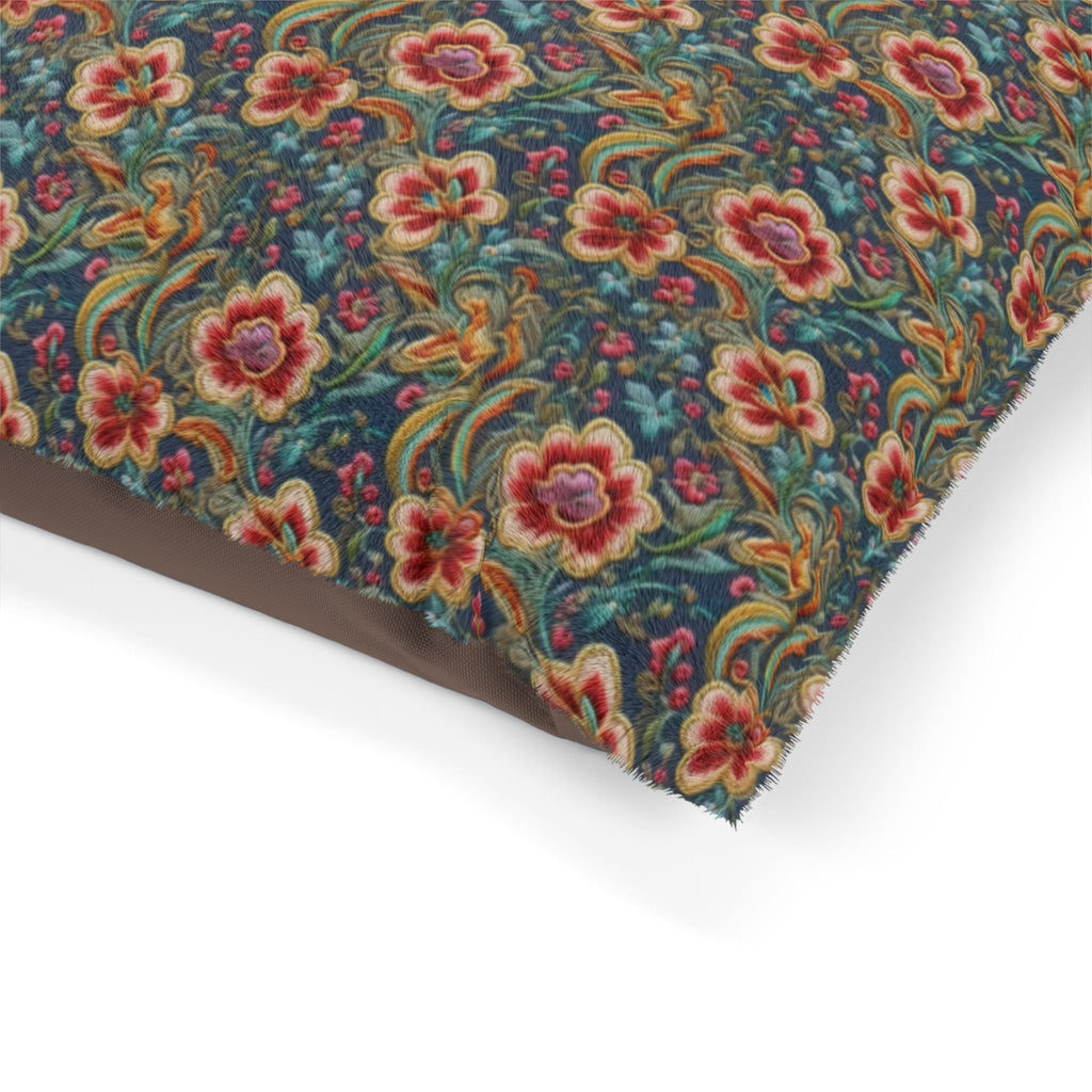 Crimson Blossoms on Teal Vintage Brocade Pattern - Pet Bed Pet Zen