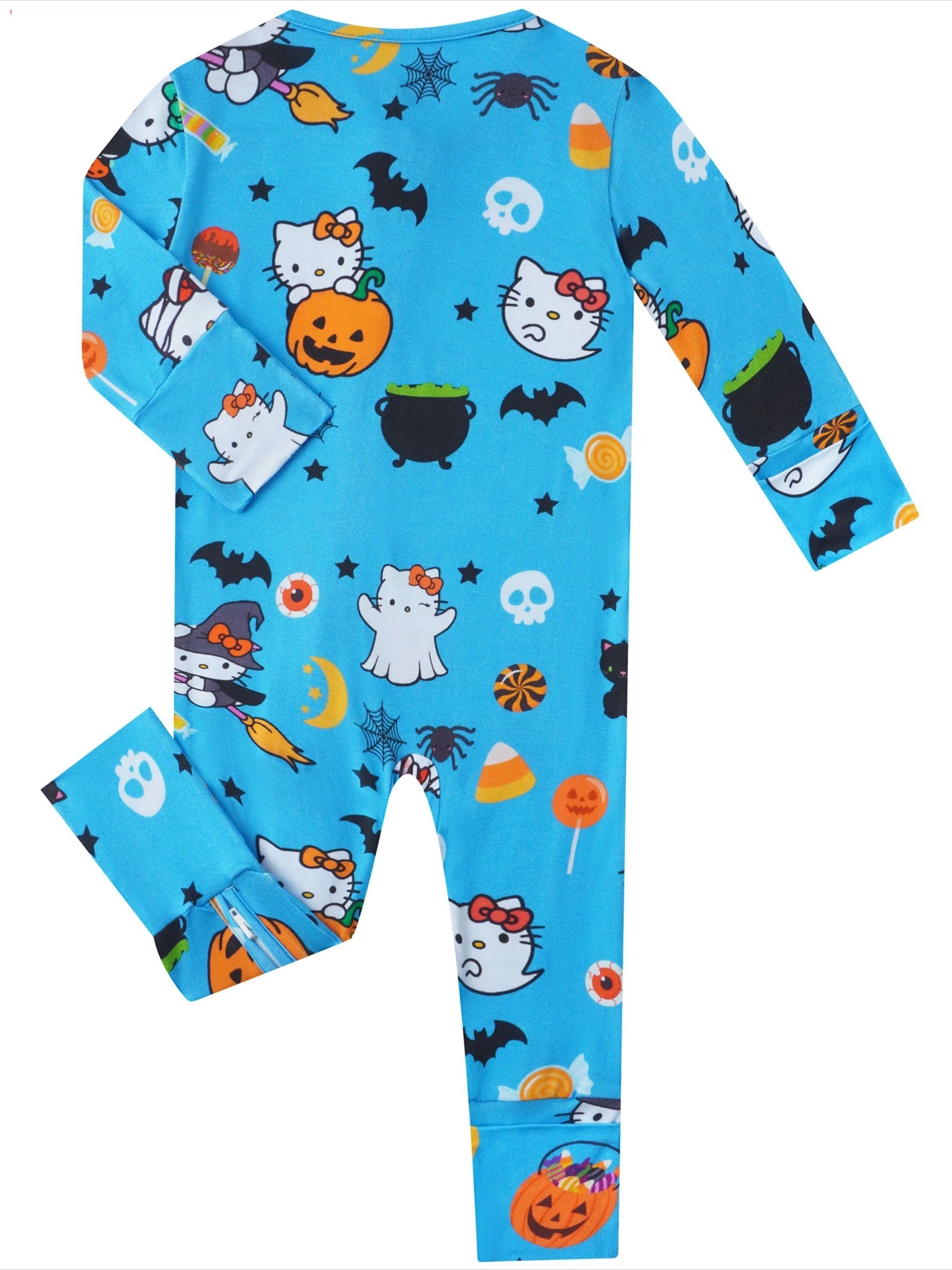 Blue baby bamboo romper with Hello Kitty Halloween-themed allover print