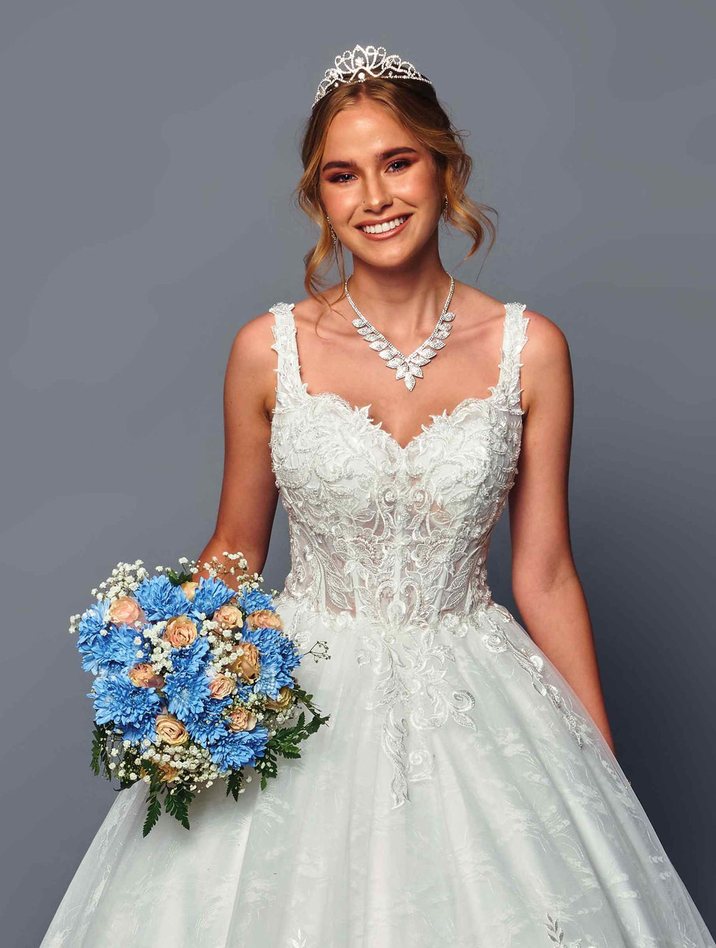 White V-neck lace A-line wedding dress with tiara and necklace