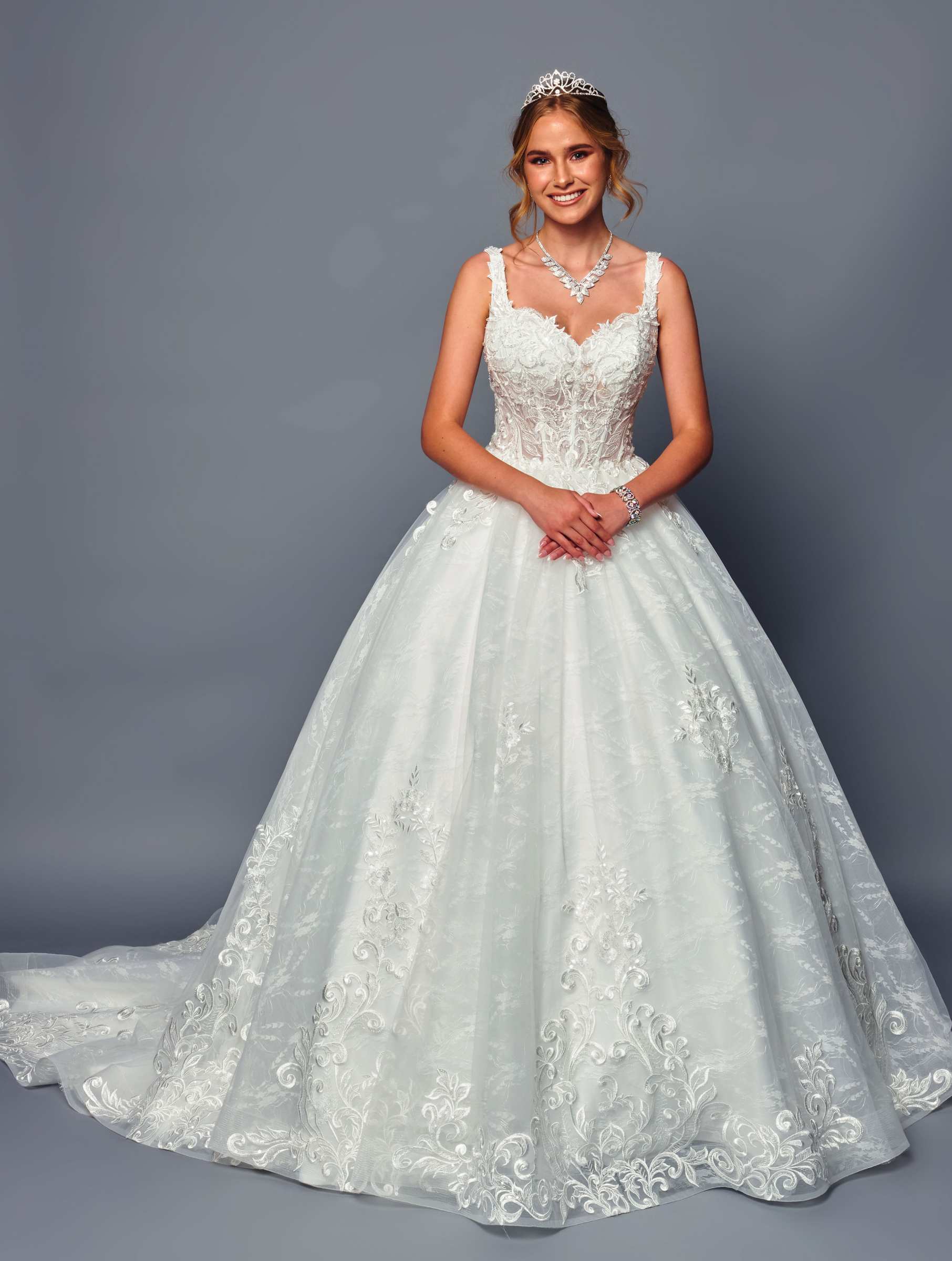 White V-neck lace A-line wedding dress with full tulle skirt