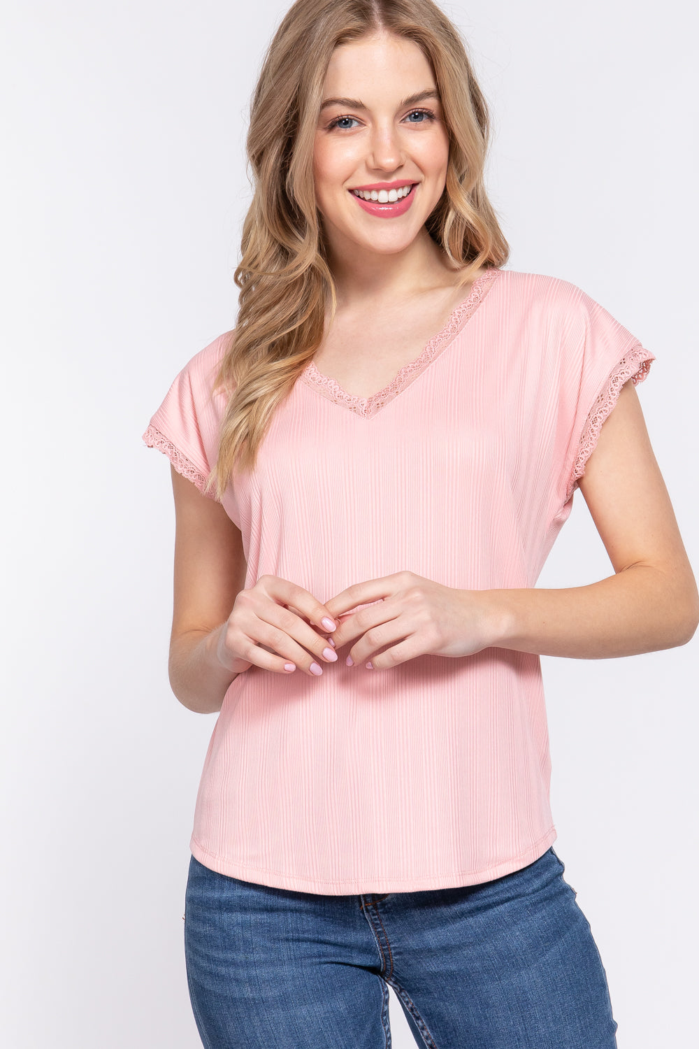 Short Sleeve Lace Trim V-Neck Ribbed Top