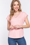 Short Sleeve Lace Trim V-Neck Ribbed Top