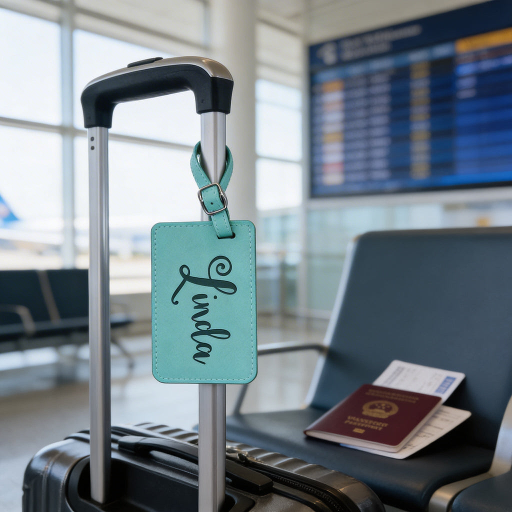Mint leather luggage tag with engraved name Linda hanging from suitcase handle