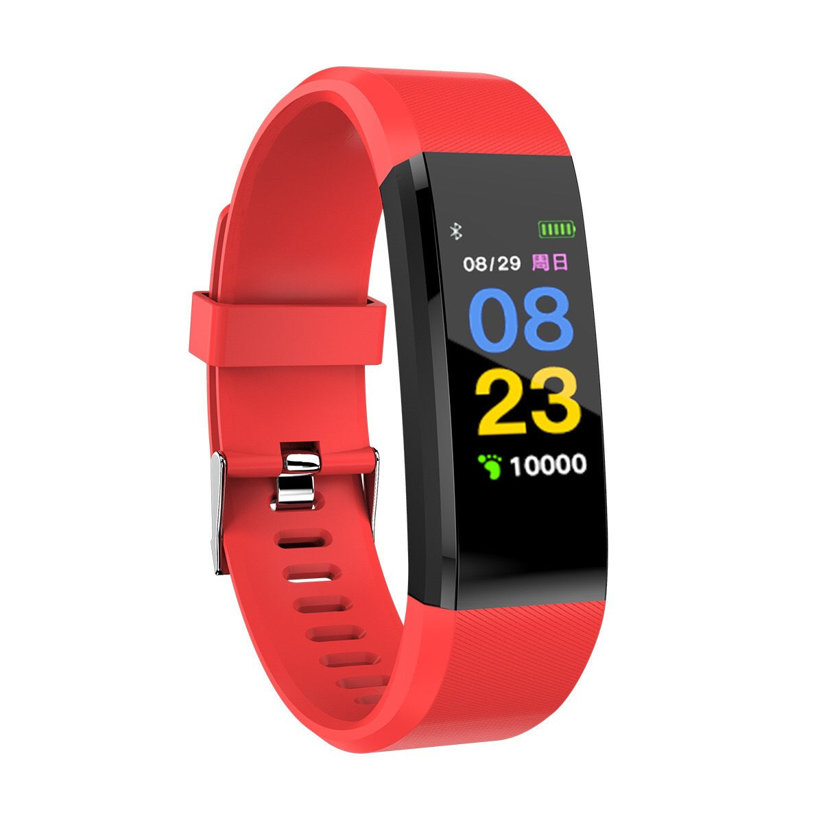Red fitness tracker with activity numbers and heart icon on screen