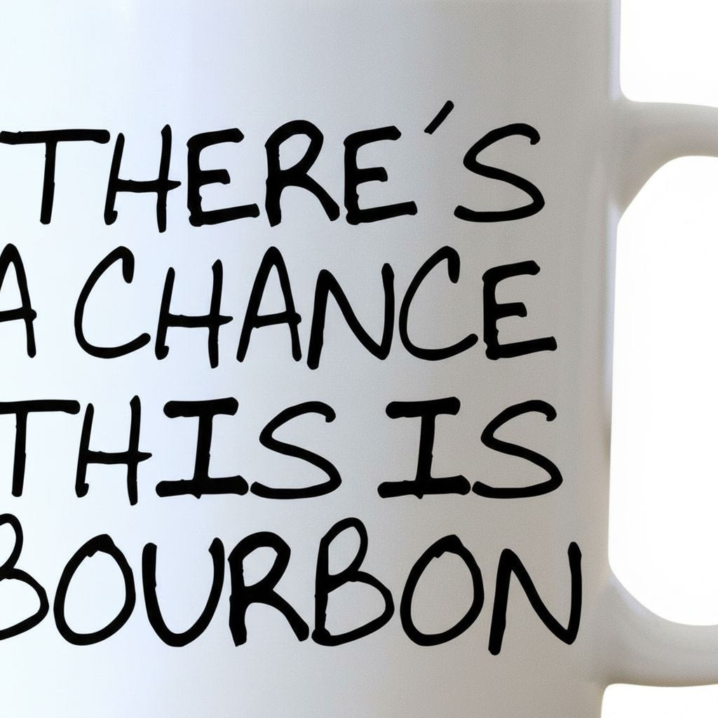 Close-up of white coffee mug text: "THERE'S A CHANCE THIS IS BOURBON"