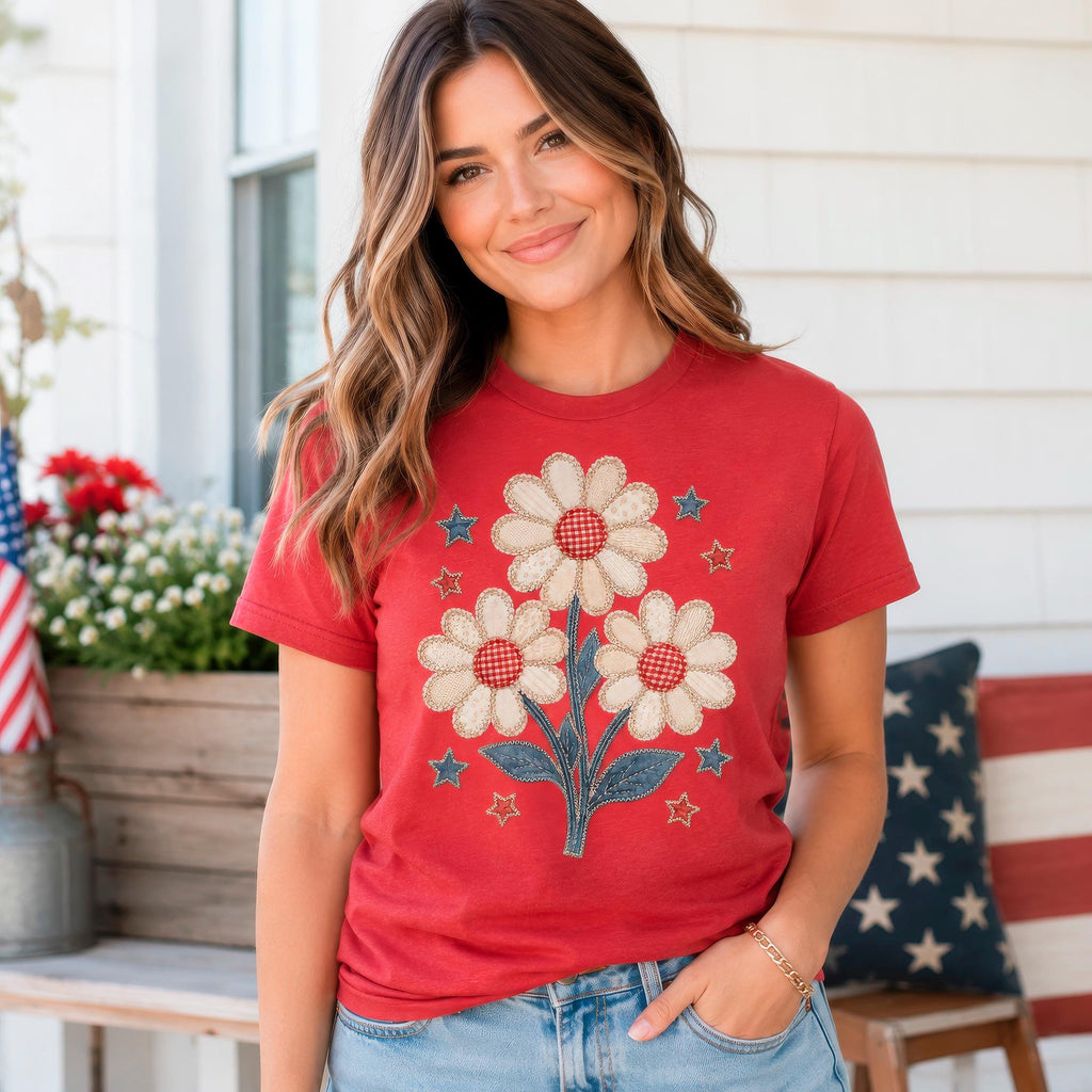 Red unisex crewneck T-shirt with cream daisy bouquet and star accents