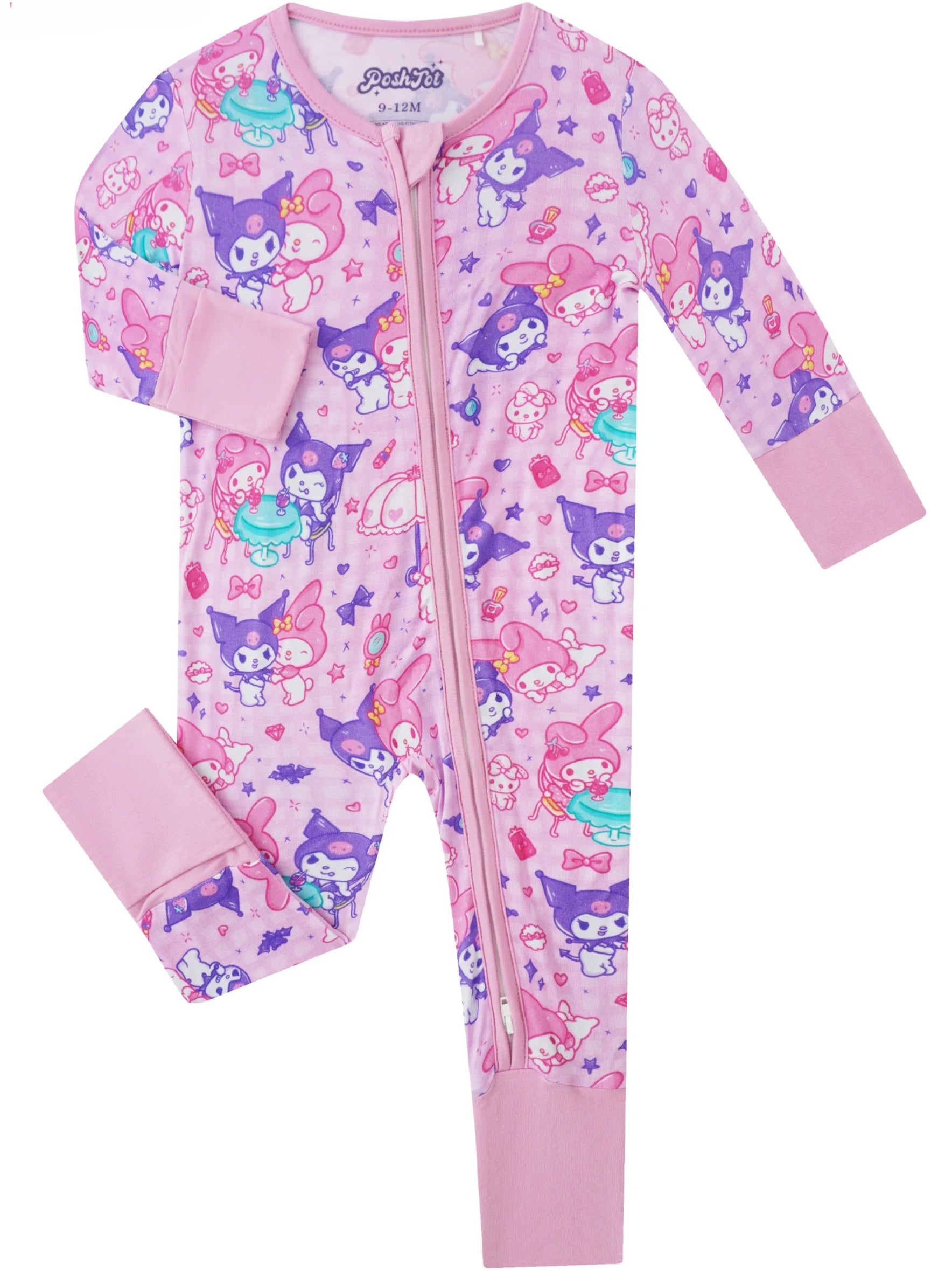 Pink bamboo baby zip romper with allover Kuromi and friends print, 2-way zipper