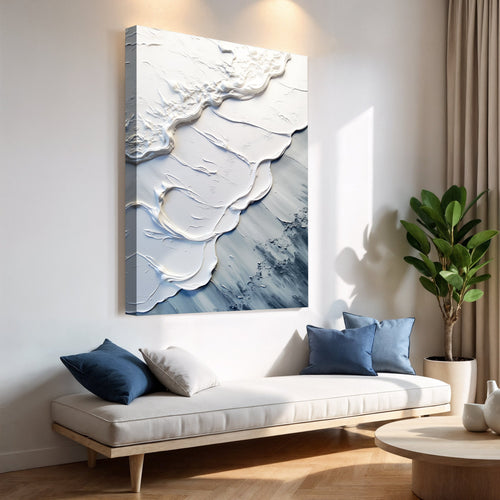 Abstract wave wall art canvas with white raised swirls over blue-gray paint texture