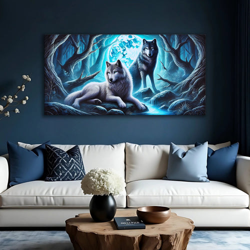 Wolf wall art canvas with two gray wolves and bright blue light in a dark forest