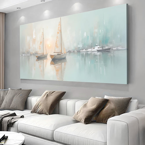 Abstract sailboat canvas wall art with soft teal tones and warm cream highlights