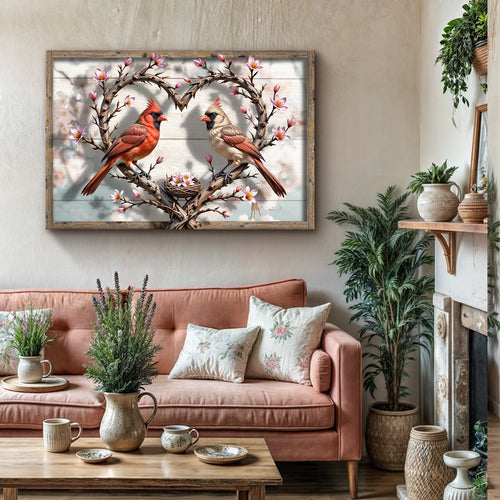 Cardinals wall art canvas with two birds on branching wreath and blooming flowers