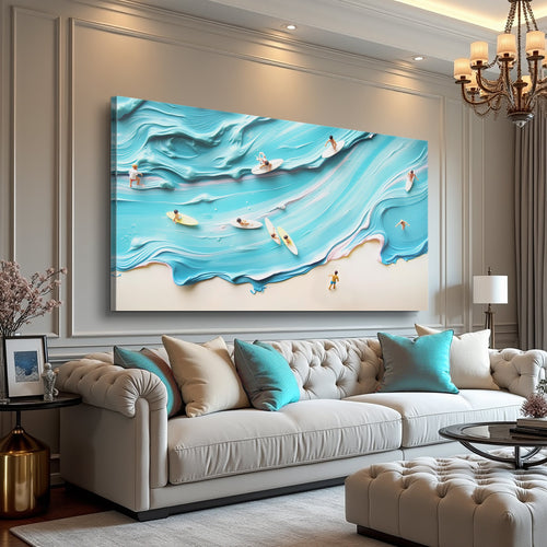 Landscape wall art canvas with turquoise ocean ripples and surfers on tan sand