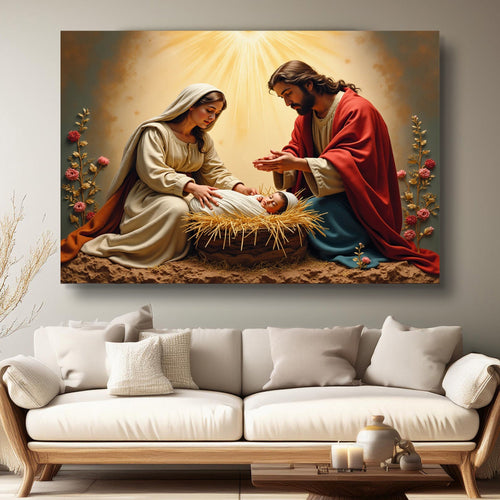 3D faith wall art with Mary and Joseph kneeling over a baby in a manger with floral details