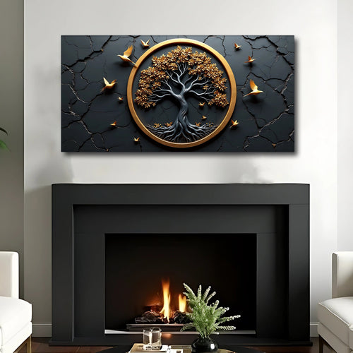 Gold-framed Tree of Life wall art with birds over cracked dark background panel