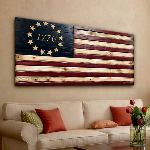 1776 American flag wall art on rustic wood planks with stars and stripes, mounted with frame