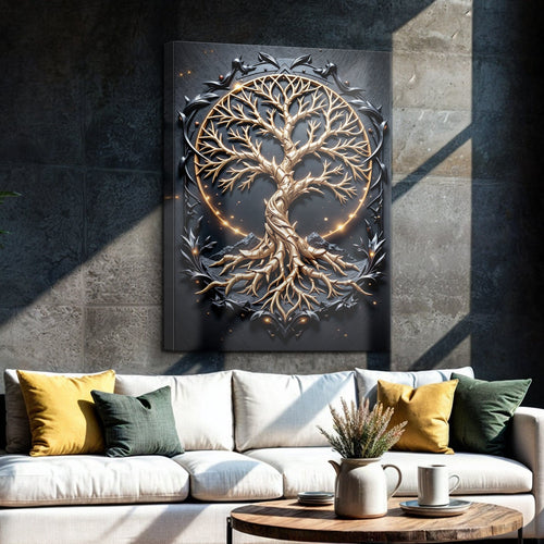 3D tree of life wall art panel showing golden tree design with glowing ring highlights