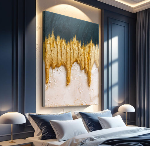 Abstract wall art canvas showing dark blue upper area, gold drips, and white textured center