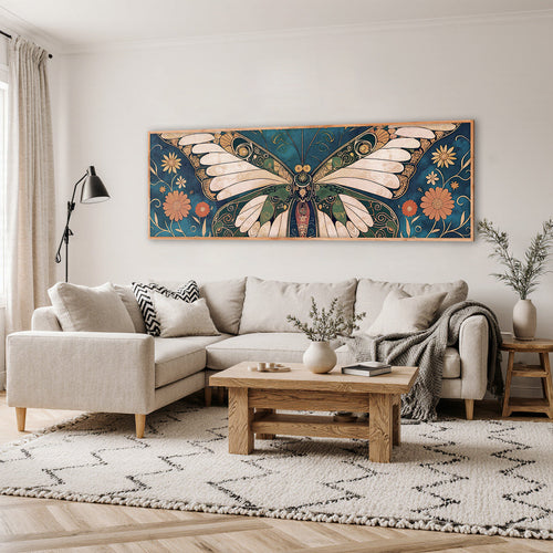 Framed butterfly wall art above sofa, teal floral butterfly wings with orange accents