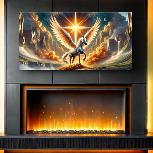 Winged horse wall art canvas with radiant sunburst and fiery clouds