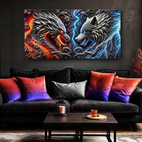 Landscape wall art showing a red dragon and blue wolf faces with glowing lightning effects