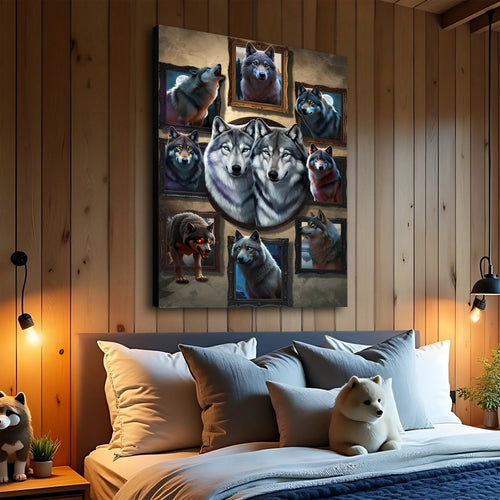 3D wolf collage wall art with multiple husky faces in blue and gray tones