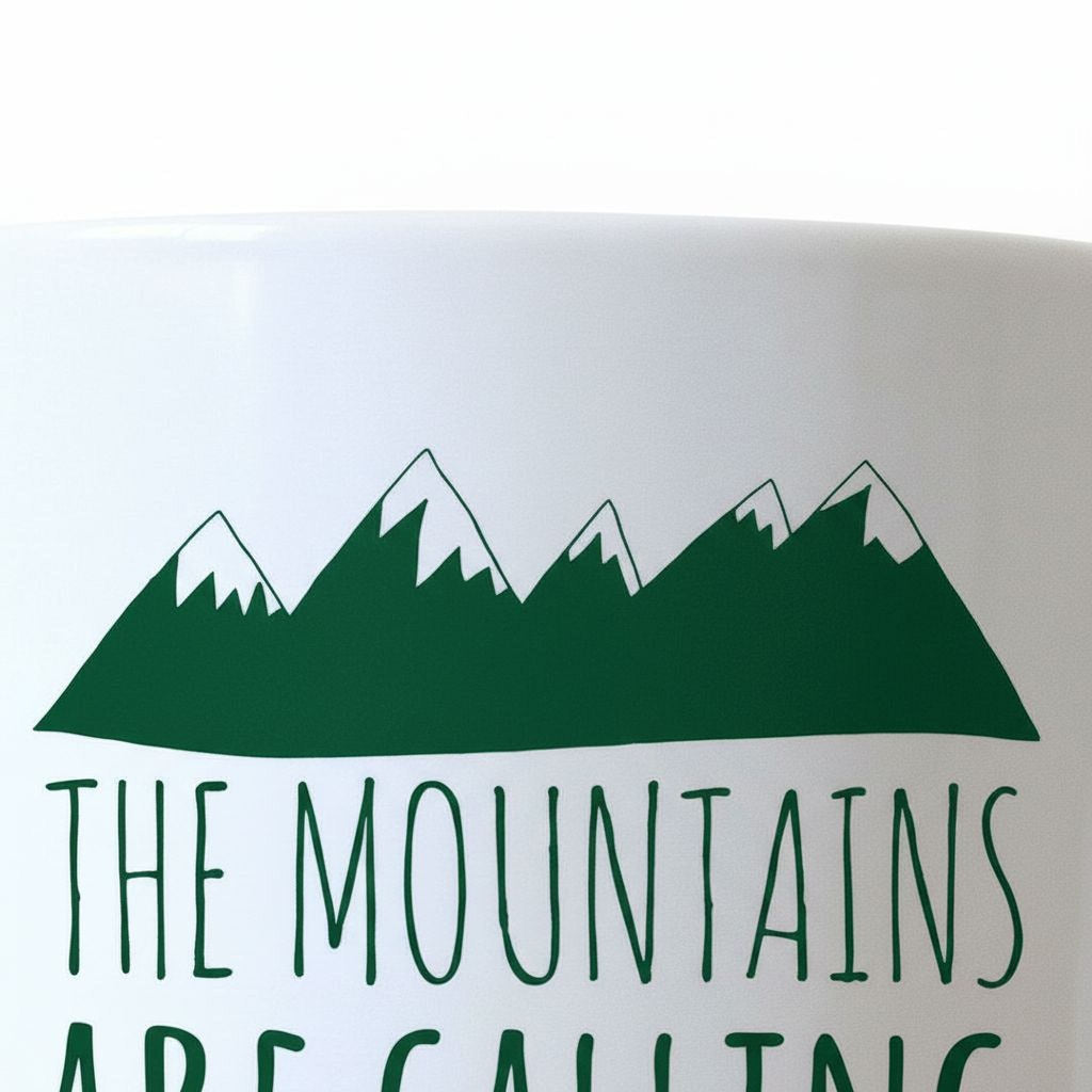 Close-up of green mountain graphic and “THE MOUNTAINS” text on white mug