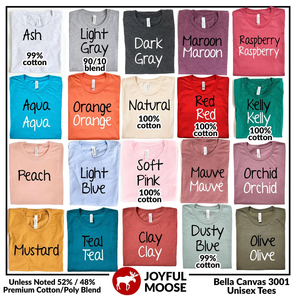 Unisex tee color options swatch chart with multiple fabric shades shown